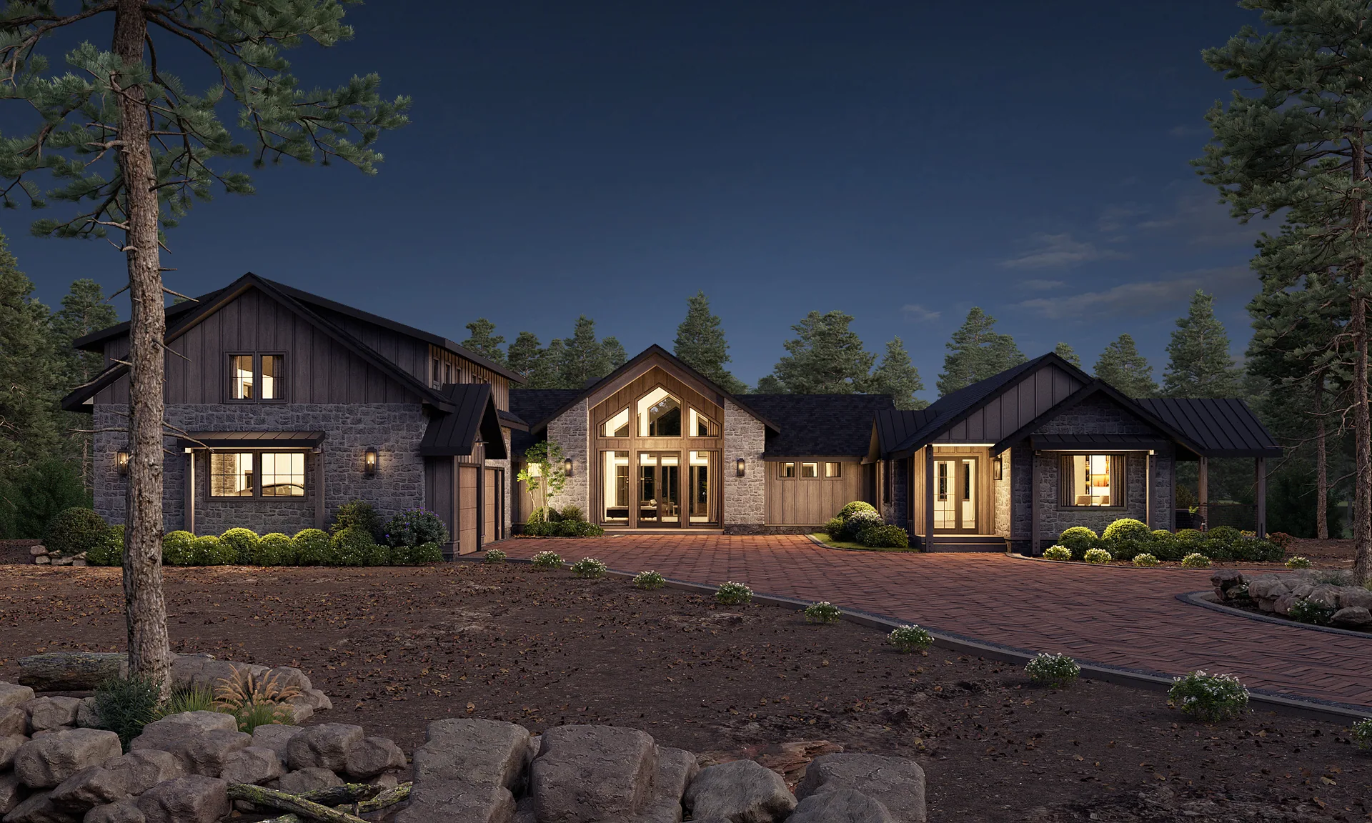 Silverleaf Hideaway front elevation at dusk