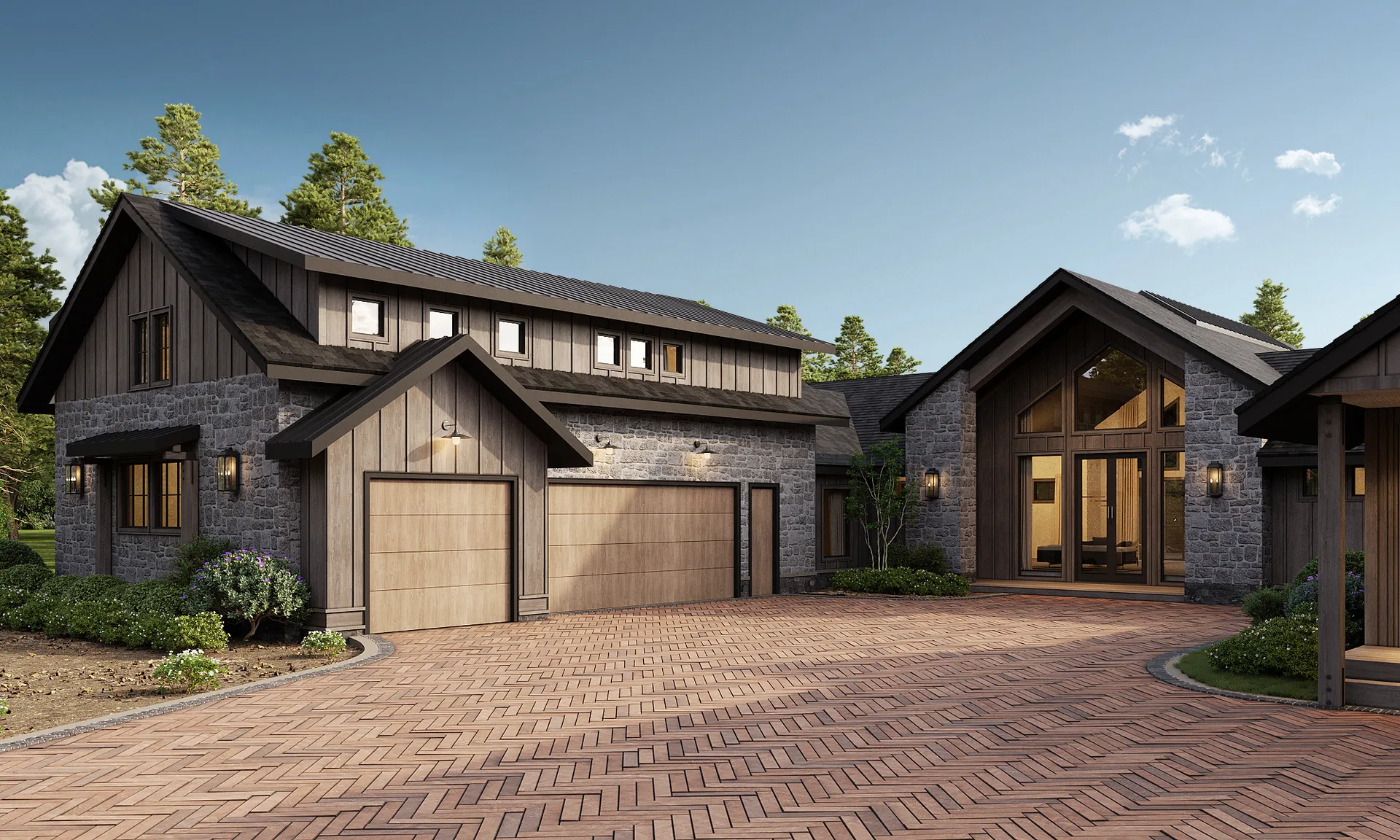 Three-car garage with stone-and-timber facade